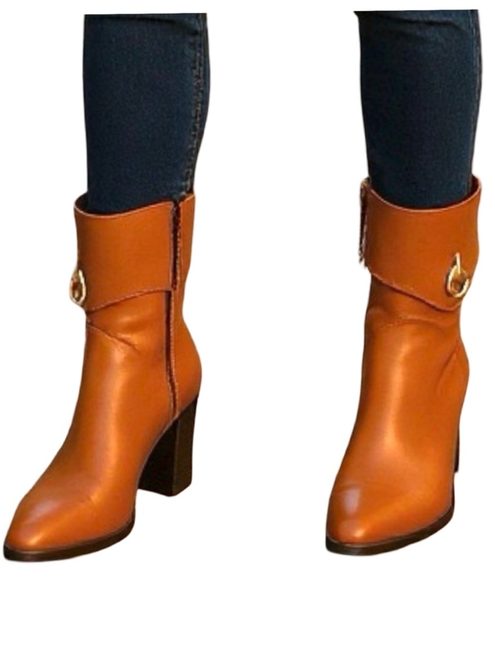 New Arezzo Vivian Mid Block Tan Leather Heeled Boots Size 7.5